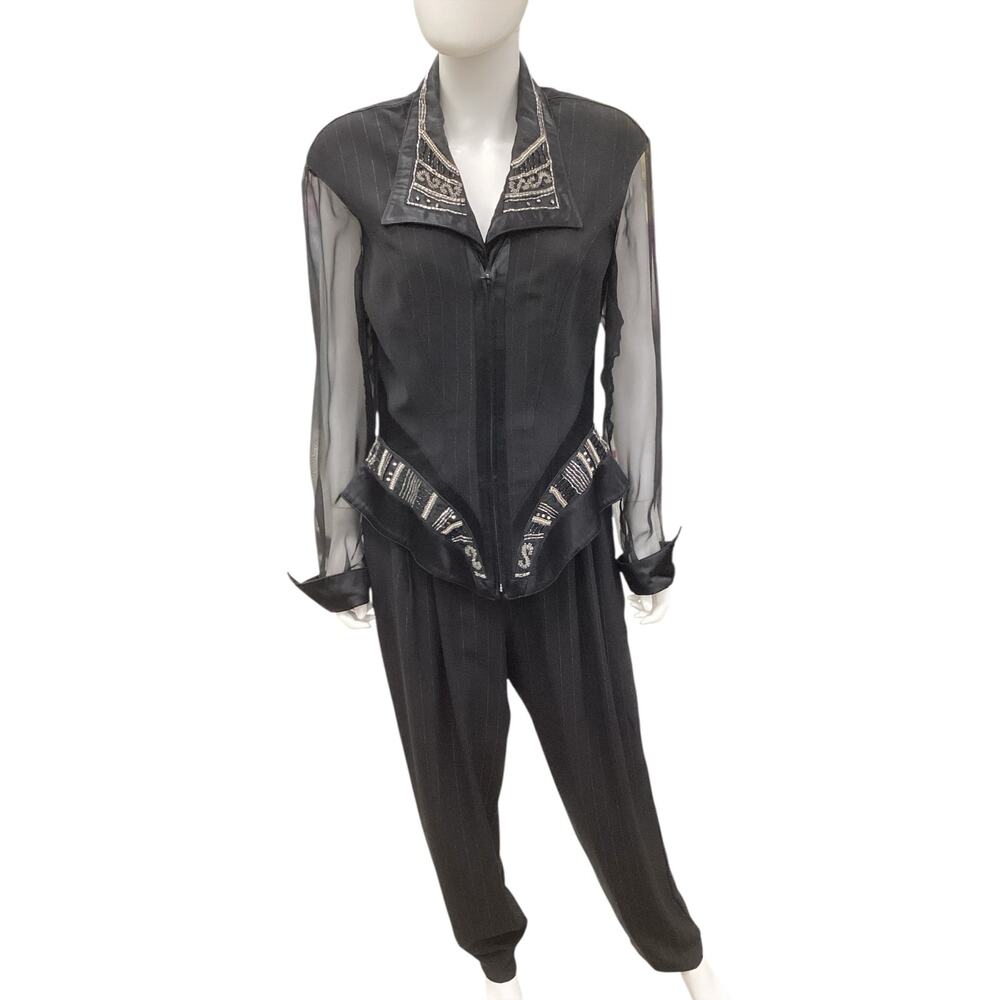 VTG Cache Set Jacket+Pants Women’s Size12 Made In USA Sheer Sleeve Beaded Collar